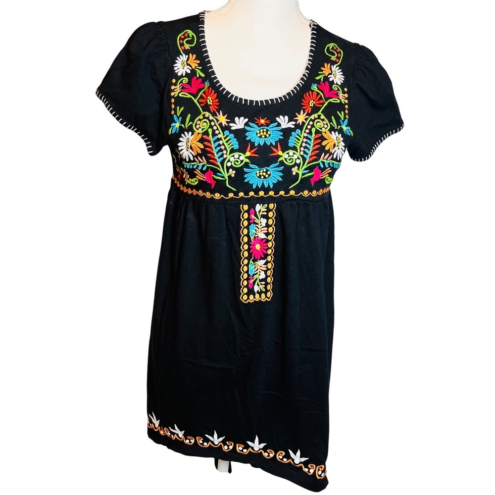 South Main Womens Black Floral Embroidered Cotton‎ Boho  Dress Asymmetric Md.
